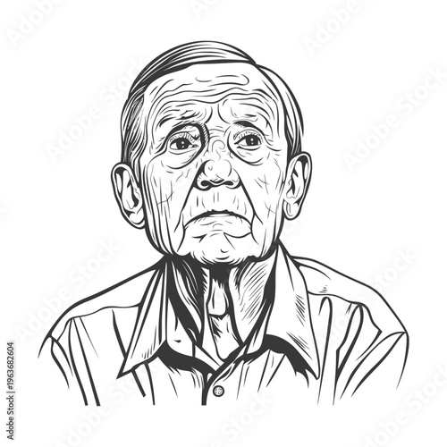 A detailed black and white line art illustration of an elderly man