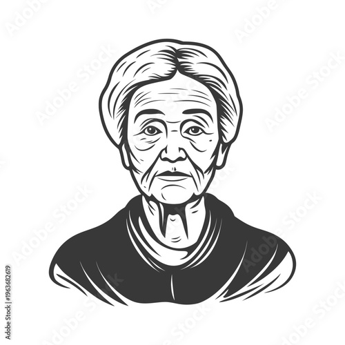 A monochrome portrait of a senior woman with a focused expression
