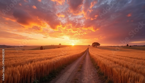 Dirt road winds through golden wheat field at sunset. Colorful clouds streak the sky above rolling hills and scattered trees. Peaceful rural scene at dusk.