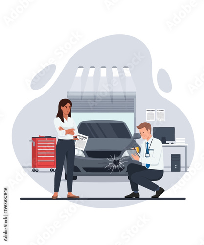 Concerned car owner discusses insurance policy details with an adjuster after recent vehicle damage assessment