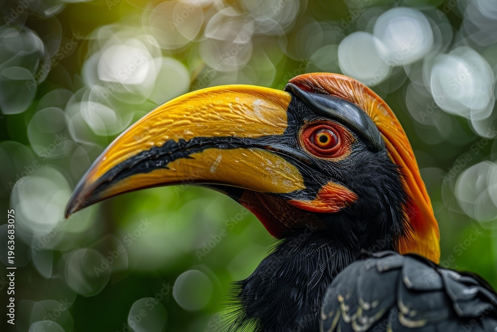 Naklejka premium Close up of a rhinoceros hornbill displaying its vibrant beak and plumage against a backdrop of bokeh in a tropical forest