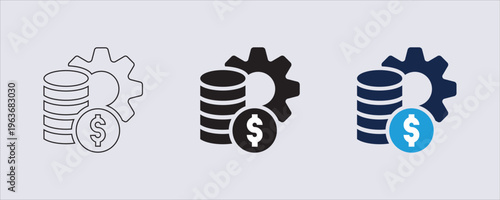 Development Cost or Operational Cost concept, often depicted as a gear intertwined with coins and a dollar sign. Represents expenses related to producing, developing, or operating a project, business.