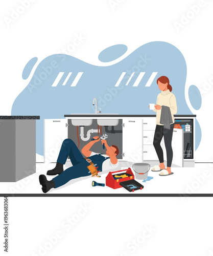 An experienced male plumber expertly repairs a leaky kitchen sink pipe, ensuring efficient home maintenance service.