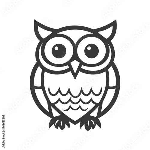 A symmetrical black and white illustration depicting an owl