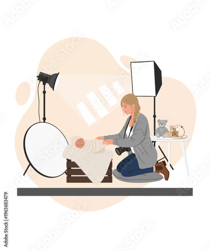 Professional female photographer carefully arranges a swaddled newborn baby during a gentle portrait session