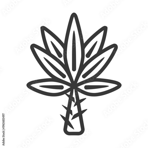 An outlined illustration depicting a plant leaf with stem and thorns