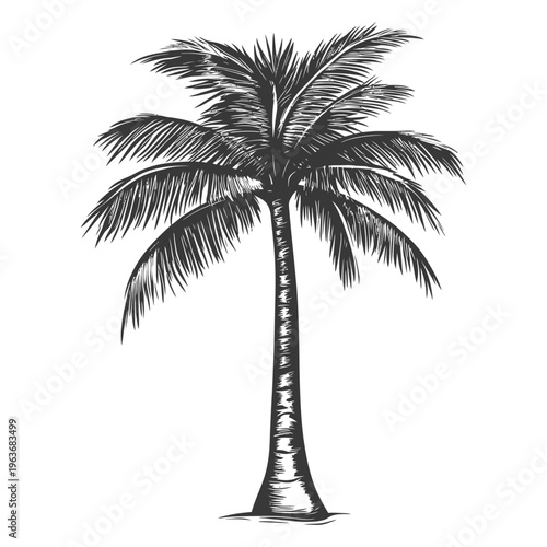 Detailed black and white illustration of a tropical palm tree