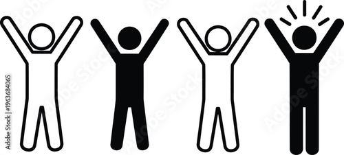 Happy person icon with raised arms. Joyful human figure pictogram. Success, celebration and positive emotion concept for business, achievement, motivation and user interface design. 