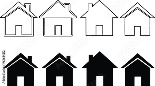 Web home icon set for websites and apps. Simple house symbol. Flat real estate sign. Main page pictogram in filled, thin line, outline and stroke style. Isolated illustration.