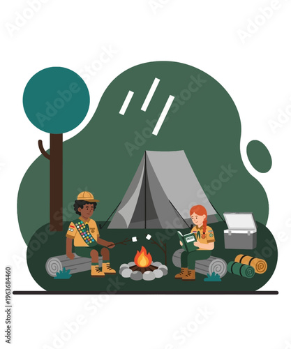 Two young scout children enjoying a summer camping trip by a crackling campfire, roasting marshmallows and reading.