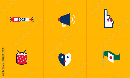 Hand-drawn Collection of sports fan celebration icons including a 2026 banner and foam finger authentic illustration
