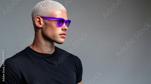 Male model with short platinum blonde hair wearing purple sunglasses and a black t-shirt poses against a neutral gray background, showcasing a modern fashion style