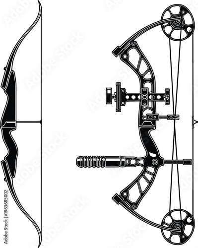 Web"Traditional recurve bow and modern compound bow side by side comparison showcasing archery equipment design, technology, precision, and sports gear for professional target shooting"
