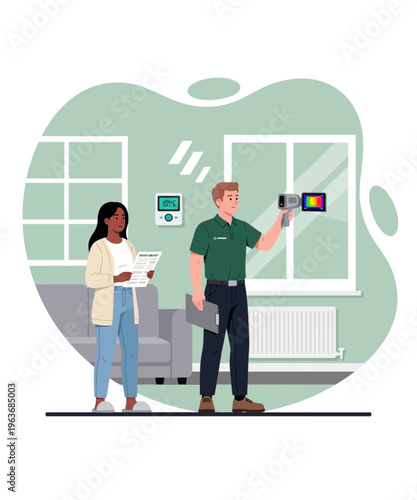 Home energy auditor uses thermal camera while inspecting house insulation efficiency with owner.