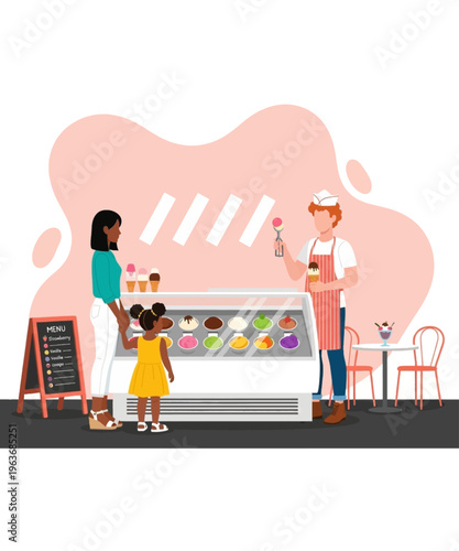 Cheerful ice cream vendor serves delicious scoops to mother and child at the parlor counter
