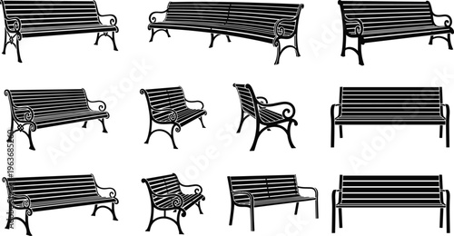 Web"Black and white illustrations of various park benches showcasing ornate scrollwork, modern designs, seat slats, and decorative armrest styles for outdoor furniture concepts"