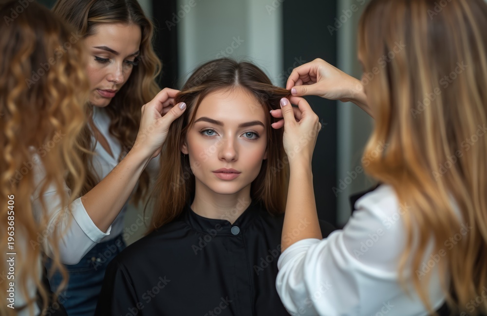 Naklejka premium Pro stylists prepare young woman for photoshoot. Stylists adjust model hair creating elegant hairstyle in studio. Focus on beauty and creative process.