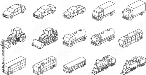 Web"Black and white isometric illustrations of diverse vehicles including cars, trucks, buses, tractors, bulldozers, trains, and locomotives showcasing transport, industry, and design concepts"