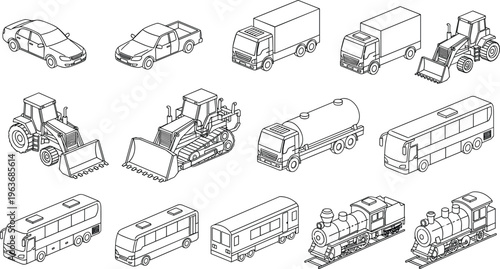 Web"Black and white isometric line drawings of diverse vehicles including cars, trucks, buses, tractors, bulldozers, trains, and locomotives showcasing transport, construction, and industrial design 