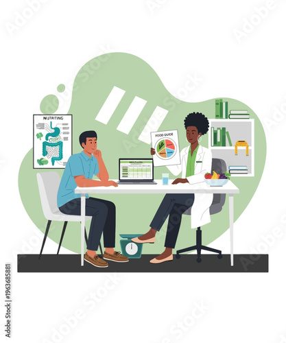 A professional dietitian presents a comprehensive food guide to a male client for a balanced diet.