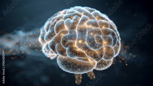 A glowing translucent human brain made of neural network connections and floating data particles.