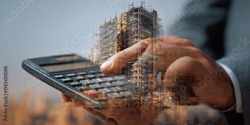 An accountant's hand with a calculator. A multi-story building under construction. A graph of rising construction costs. Double exposure.