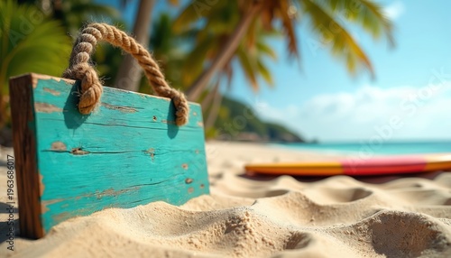 Weathered turquoise beach sign with rope sits half buried in sand near surfboard. Palm trees and ocean are in background under clear blue sky.