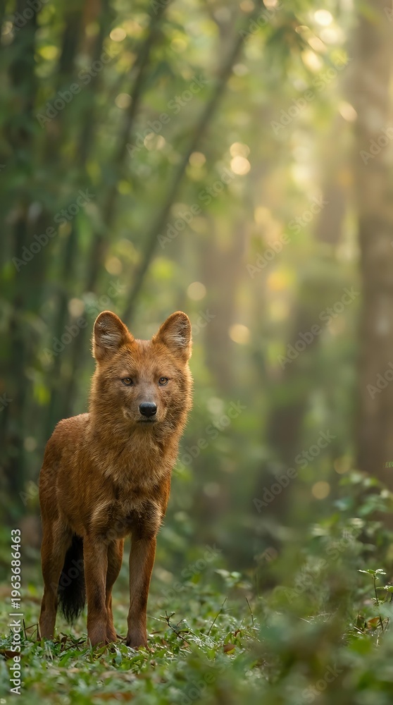 Obraz premium Red fox standing alert in sunlit forest with golden bokeh light filtering through trees creating magical woodland atmosphere.
