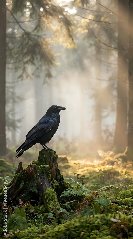 Obraz premium Black raven perched on moss-covered tree stump in misty forest with golden sunlight streaming through trees creating atmospheric woodland scene.