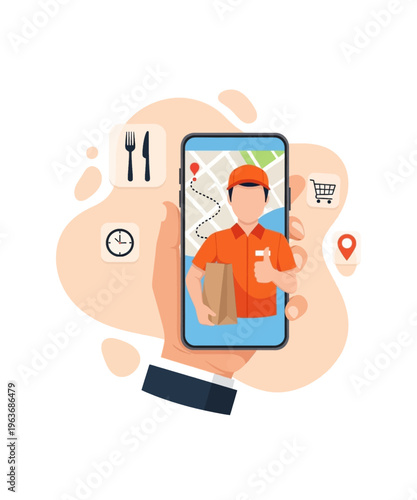 Hand holding smartphone displaying food delivery service with courier map tracking and estimated arrival time.