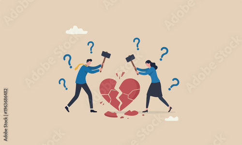 Marriage or painful in broken relationship couple concept, angry couple husband and wife using big hammer to hit broken heart shape metaphor of family problem