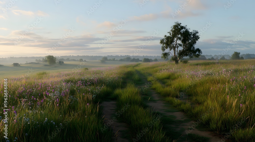 Fototapeta premium Soft dawn light blankets rolling green hills