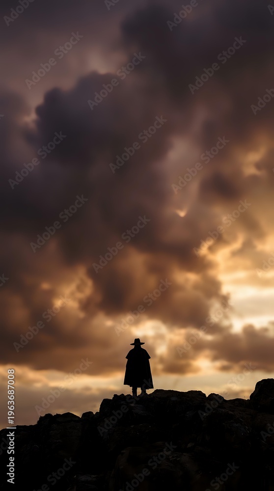 Fototapeta premium Silhouette of lone person standing on rocky cliff against dramatic stormy sky with golden sunset clouds for adventure and solitude concepts.