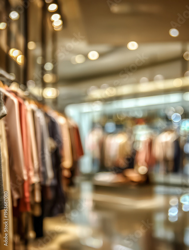 Interior view of a stylish clothing store with racks full of assorted apparel under warm lighting and a polished floor reflecting the vibrant retail environment