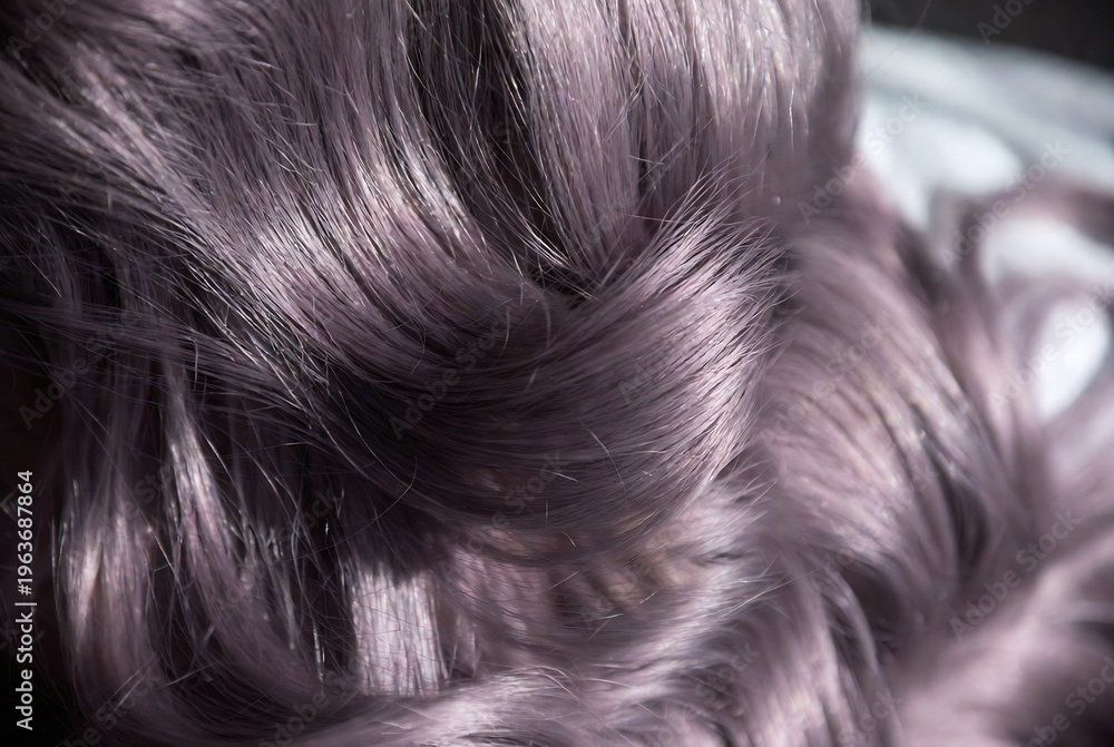 Naklejka premium Subject: A close-up of a woman’s purple hair. Action: Hair is being styled or manipulated. Setting: Likely a salon or beauty setting.