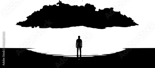 Silhouette of a man beneath a pink cloud over calm sea waters