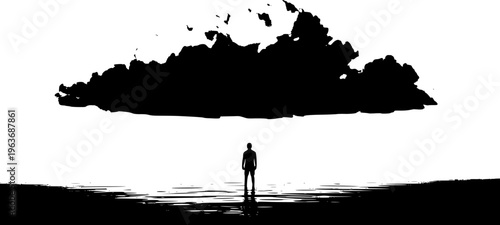 Silhouette of a man beneath a pink cloud over calm sea waters