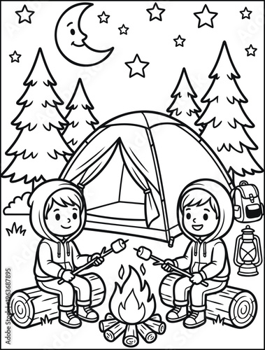 Children Roasting Marshmallows by Campfire with Tent Under Starry Night Sky Outline Coloring Page