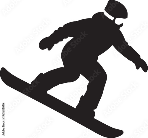 Black silhouette of a snowboarder in action, carving down a slope, wearing a helmet and goggles, depicting winter sports and leisure.