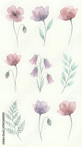 Watercolor floral elements set with pink purple flowers and green leaves isolated on white background for wedding invitations and spring designs.