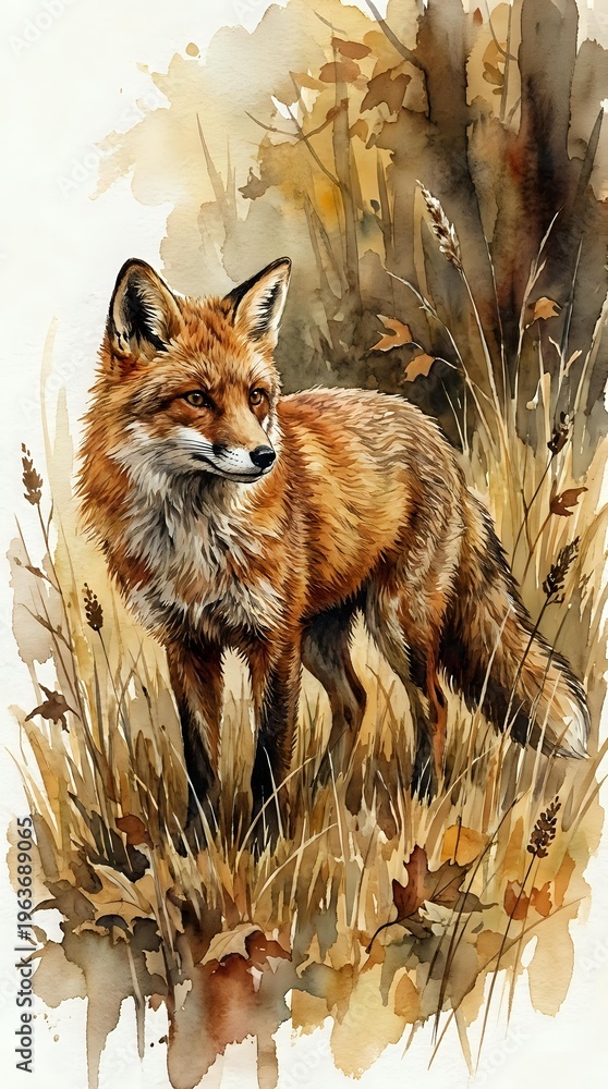 Obraz premium Red fox standing in autumn grassland with golden brown watercolor background for wildlife and nature designs.