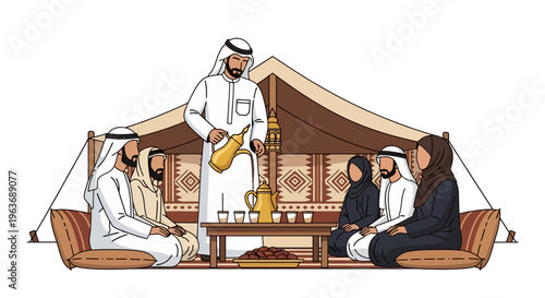 Men in traditional Arabic attire sitting in a tent while one stands pouring Arabic coffee