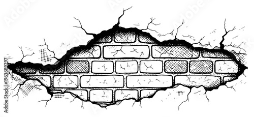 Hand drawn sketch of a broken plaster wall revealing old brickwork underneath