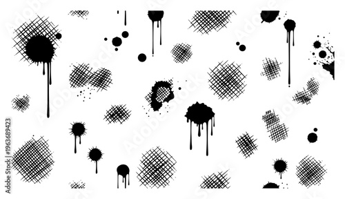 Collection of hand drawn ink splatters and paint drips with vintage cross hatched textures