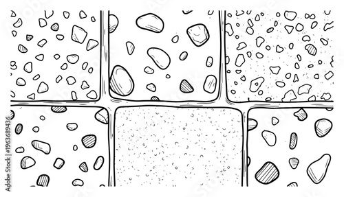 Hand drawn sketchy grid pattern featuring various stone and pebble textures in a tile layout