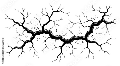 Hand drawn sketch of a deep crack or fissure on a broken surface