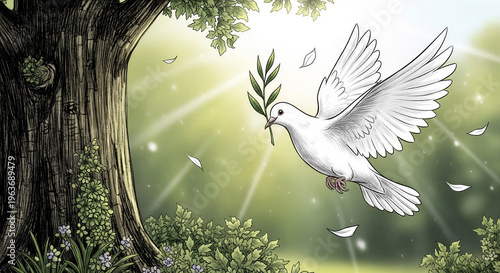 Dove of Peace with Olive Branch Flying Under Sunlit Tree Background