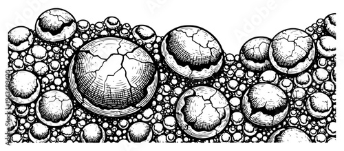Hand drawn engraving style sketch of many cracked round stones or eggs piled together