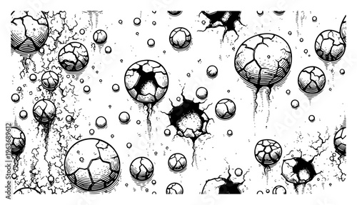 Hand drawn engraving style pattern of cracked round stones and impact craters on a damaged surface