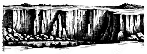 Hand drawn vintage engraving of a rocky cliff landscape with stones